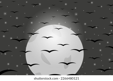 Grosses horizontales Banner mit einer Herde von Kranen im nächtlichen Himmelshintergrund mit Mond. 