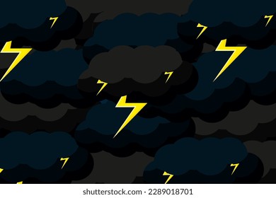 Big horizontal banner with lightning in the nighty sky. Stormy Clouds with Thunderbolt. Thunder. Storm night. Vector illustration.