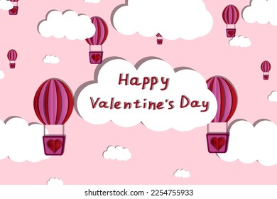 Big horizontal banner with white clouds, viva magenta air balloons and inscription happy valentine's day on pink background in cut out paper style, Valentine concept with aerostat.