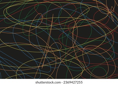 Big horizontal Doodle design with Trendy Scribble lines on black background. Wallpaper, card, posters, banner, cover with children hand drawn wave. Vector illustration. 