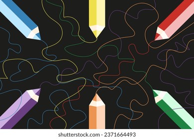 Big horizontal Doodle design with Trendy Scribble lines on black background with colorful geometric Pencil. Wallpaper, card, posters, banner, cover with children hand drawn wave. Vector illustration. 