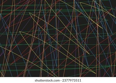 Big horizontal Doodle design with Trendy Scribble lines on black background. Wallpaper, card, posters, banner, cover with children hand drawn wave. Vector illustration. 