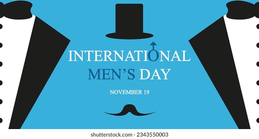 Big horizontal International Men's Day banner. Style holiday concept for card, posters, banners. Card with a silhouette of a gentleman in a tuxedo and a top hat. Vector illustration.