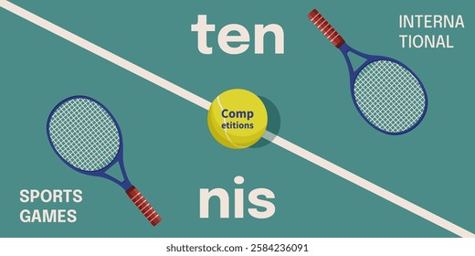 Big horizontal lawn Tennis banner cover template design. International sport competition background cover. Tennis ball court racket and text. Vector illustration. EPS 10	