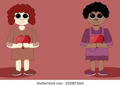 Big horizontal valentines day banner and cartoon little african american girl and big eyes   heart in the hands viva magenta background and copy space  Valentine concept and kid  