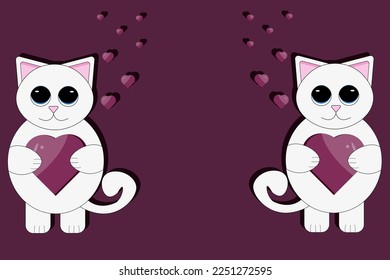 Gran pancarta horizontal del día de San Valentín con gato de dibujos animados con ojos grandes y corazón en las manos en el fondo viva magenta con espacio de copia. Concepto de San Valentín con gatito blanco al estilo de papel cortado.