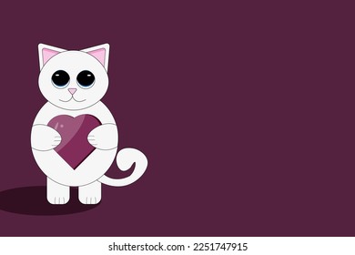 Gran pancarta horizontal del día de San Valentín con gato de dibujos animados con ojos grandes y corazón en las manos en el fondo viva magenta con espacio de copia. Concepto de San Valentín con gatito blanco. Afiche del sitio web. 