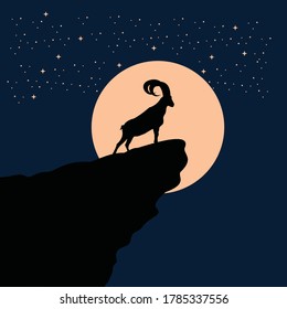 big horn goat silhouette at the full moon night - goat, sheep, lamb logo emblem or button icon silhouette - mammal, animal vector icon
