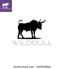 big horned bull logo, black and strong cattle standing vector illustrations
