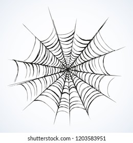 Big horrible full web snare isolated on white backdrop. Freehand outline black ink hand drawn picture object sketchy in art scribble retro style pen on paper. Closeup view with space for text