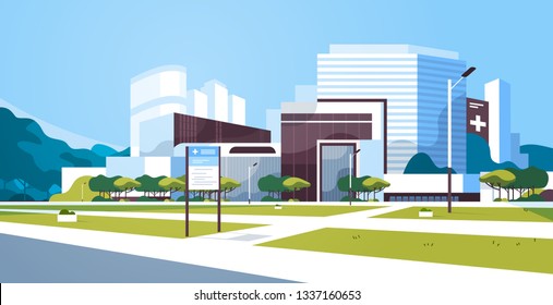 big hospital building modern medical clinic exterior with yard information board trees cityscape background flat horizontal