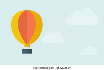 A big hot air balloon. A contemporary style with pastel palette, light blue cloudy sky background. Vector flat design illustration. Horizontal layout with text space on right part.