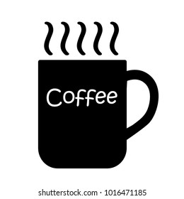 big hot black coffee cup vector icon with text coffee and steam illustration isolated on white