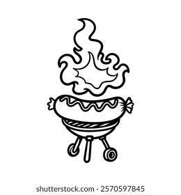 big hot dog sausage on BBQ grill with fire cartoon isolated drawing line style sketch classic vintage design illustration