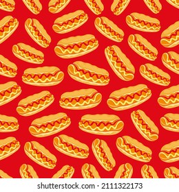 A big hot dog that quickly overcomes hunger, vector seamless pattern illustration on colored background