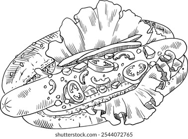 Big hot dog with various ingredients. Tomato, lettuce, sauces. Can be used for food blogs, restaurant menus, nutrition guides. Symbol of Usa fast food in advertising, packaging, or social media posts.