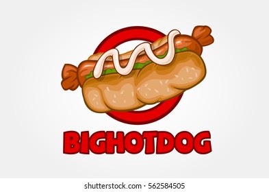 Big Hot Dog Vector Logo Template. Logo of a hot dog and sketch realistic illustration for your cafe.