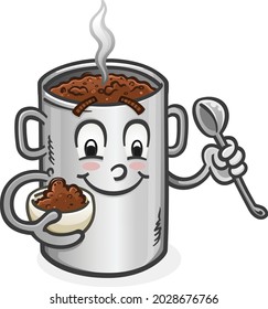 A big, hot pot of delicious chili cartoon character with a happy smile holding a heaping bowl of chili and eating it with a spoon