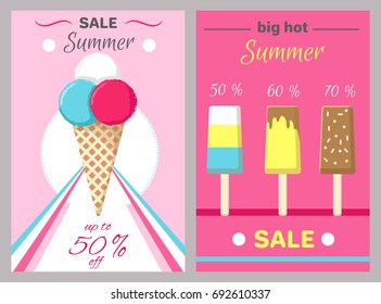 Big hot summer posters set with ice cream in waffle cones and on wooden stick vector illustration banners set on pink background, up to 50 % discount