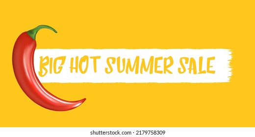 Big Hot summer sale horizontal banner with red chili cayenne pepper isolated on orange background. Vector 3d horizontal summer hot sale poster, flyer, banner, tag and background