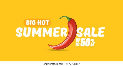 Gran venta de verano caliente banner horizontal con chile chile rojo cayenne aislado en el fondo naranja. Cartel de venta en caliente de verano horizontal, volante, pancarta, etiqueta y fondo vectorial 3d