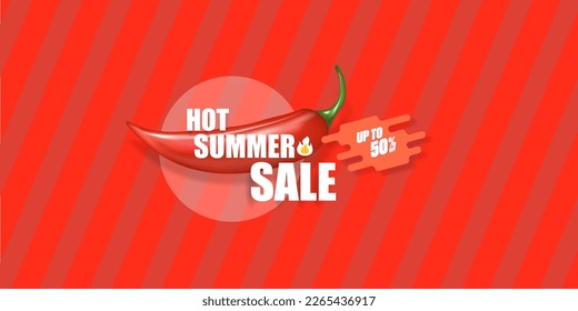 Big Hot summer sale horizontal banner with red chili cayenne pepper isolated on stylish red background. Vector 3d horizontal summer hot sale clearance poster, flyer, banner, tag and background