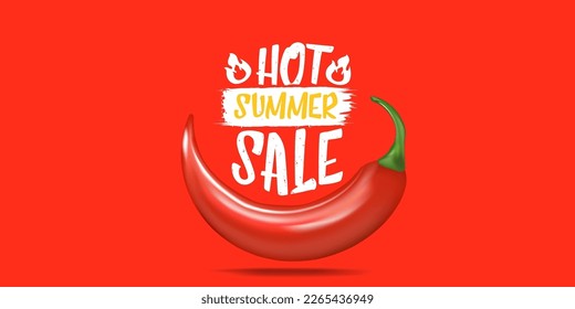 Big Hot summer sale horizontal banner with red chili cayenne pepper isolated on stylish red background. Vector 3d horizontal summer hot sale clearance poster, flyer, banner, tag and background