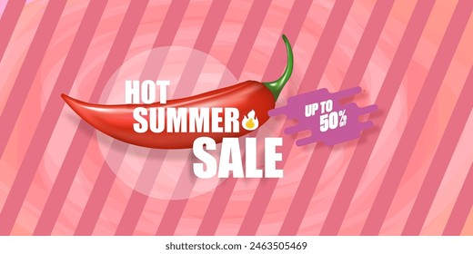 Big Hot summer sale horizontal banner with red chili cayenne pepper isolated on watercolor pink background. Vector 3d horizontal summer hot sale poster, flyer, banner, tag and background