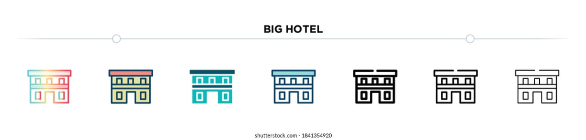 icono de hotel grande diseñado en gradiente, relleno, de dos colores, línea delgada y estilo de contorno. ilustración vectorial de los iconos vectoriales de grandes hoteles. se puede usar para móviles, ui, web
