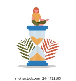 Big hourglass and meditating woman on white background