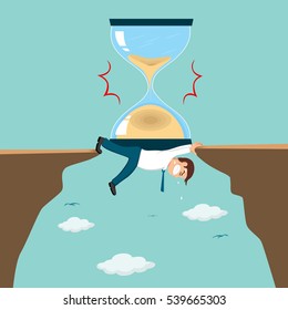 Big hourglass on businessman who laying down across the cliff, vector illustration cartoon