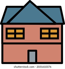 Big house with blue roof, illustration, vector, on a white background.