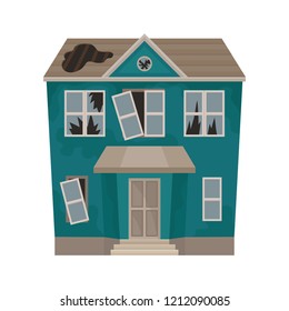 Big house with broken windows panes and hole in roof. Abandoned building. Old two-storey cottage. Flat vector icon