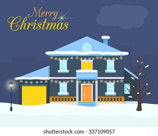 Big house with christmas light and decoration. Villa with evening or night landscape. Flat style vector illustration.
