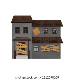 Big house with destroyed roof, boarded-up windows and door. Abandoned building. Facade of old cottage. Flat vector icon