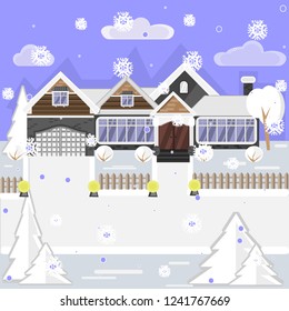 big house drawn in the style of flat. Winter, snow is falling, new year mood. Vector illustration. Flat design concepts of winter holidays, Merry Christmas
