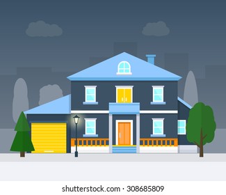 Big House With Evening Or Night Landscape. Villa.  Flat Style Vector Illustration.