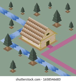 Big house in forest of pine with stream on green background, isometric vector illustration and copy space.