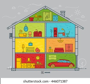 Big house silhouette with rooms furnishings in flat style drawing with color lines on grey background