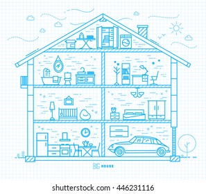 Big house silhouette with rooms furnishings in flat style drawing with light blue lines on squared paper sheet background