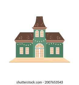 Big house, suburban cozy home with terrace. Beautiful two-storey cottage with light bulbs for vacation in the forest, nature, for property, real estate banner concepts. Vector architecture element