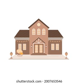 Big house, suburban cozy home with terrace. Lounge chair on patio with lights. Beautiful two-storey cottage with porch for vacation in the forest, nature, for property, real estate banner concepts