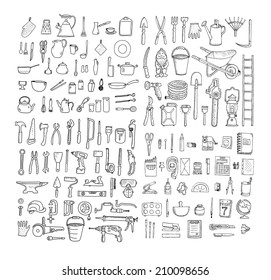 Big household objects set. Kitchenware. Set  of stationery. Garden tools. Construction tool collection. Doodles. Isolated.