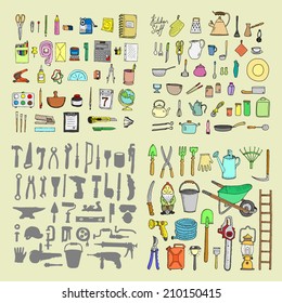 Big household objects set. Kitchenware. Set  of stationery. Garden tools. Construction tool collection. Doodles. Isolated.
