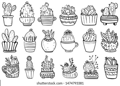 Big Houseplants. Coloring page or book. Set Of Potted Interior Flowers. Botanical illustration. Succulent plant. Scandinavian style, comfort in the house. Hygge. - Vector. Vector illustration