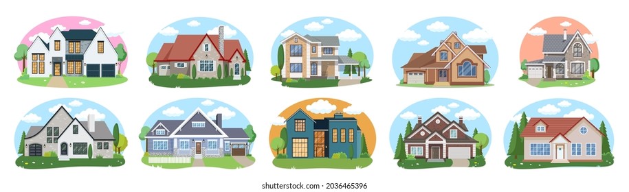 Big houses set, Vector Buildings Set. Flat Design Houses set Isolated on White Background.