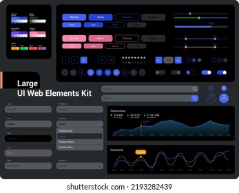 Big, huge, enhanced ui kit for web design, mobile apps with the different buttons, graphics, diagrams, menu, search, tabs and other.