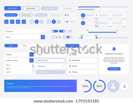 Big, huge, enhanced ui kit for web design, mobile apps with the different buttons, graphics, diagramms, menu, search, tabs and other. 