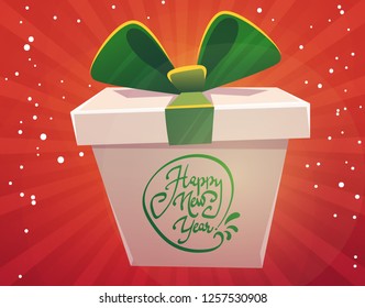 big huge gift box wish happy new year present greeting, classic red green , white christmas colors , bow with shiny ribbon , cartoon style illustration