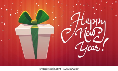 big huge gift box wish happy new year present greeting, classic red green , white christmas colors , bow with shiny ribbon , cartoon style illustration